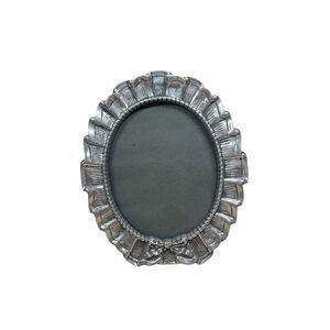 Vintage Ornate Pewter Silver Tone Ruffle Rope & Bow Oval Picture Photo Frame